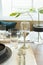 Dinning room interior with grey plate on wood table at home.