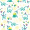 Dino Birthday Party. Hilarious funny dinosaurs in festive caps and gifts. Seamless pattern. Animal background for kids