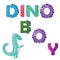 Dino boy. Dinosaur lettering. Bright modern illustration for kids, nursery, poster, card, birthday party, packaging