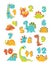 Dino count from 1 to 12 for kids. A cheerful poster for a nursery, school, kindergarten. Color cute vector hand-drawn