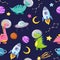 Dino in space seamless pattern. Cute dragon characters, dinosaur traveling galaxy with stars, planets. Kids cartoon