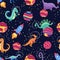 Dino in space seamless pattern. Cute dragon characters, dinosaur traveling galaxy with stars, planets. Kids cartoon