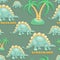 Dino. Stegosaurus background, coconut tree. Cute dinosaur vector drawing for print. Seamless pattern