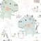 Dinosaur baby cute with spatula seamless pattern. Sweet dino builds a sand castle on beach print. Summer