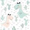 Dinosaur baby girl seamless pattern. Sweet dino princess with bow. Scandinavian cute print.