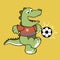 Dinosaur cartoon playing soccer alone