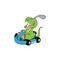 A dinosaur character playing golf with a go car