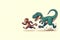 A dinosaur chases a monkey.