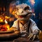 Dinosaur in chef uniform in kitchen cooking food