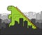 Dinosaur in city cartoon. Dino in town. Dragon and buildings