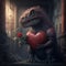 Dinosaur in a corridor, with a heart and a rose in his hands, Saint Valentines Day. GENERATIVE AI
