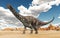 Dinosaur Diamantinasaurus in a desert landscape