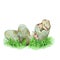 Dinosaur eggs and newborn baby on a green grass,  watercolor