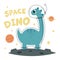 Dinosaur explorer space in astronaut costume. Boy fabric print with dino, funny cute space adventures graphic art
