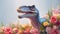 A dinosaur and flowers on the isolated background