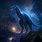 Dinosaur in the forest at night. 3d render illustration. AI Generated
