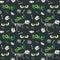 Dinosaur Fossil Bones and Scary Eyes Seamless Pattern Dark Background Vector Illustration