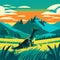 dinosaur on the meadow at sunset. vector illustration in flat style generative AI