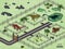 Dinosaur park in isometric style. Jurassic museum. Zoo of 3d ancient animals