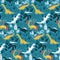 Dinosaur pattern for kids fabric or nursery wallpaper. Blue detailed background with jungle, palms and tropical leaves