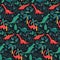 Dinosaur pattern for kids fabric or nursery wallpaper. Dark detailed background with jungle, palms and tropical leaves