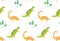 Dinosaur pattern, seamless texture green and yellow dinos on white. Kids room wallpaper, textile vector design