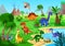 Dinosaur prehistoric landscape. Cartoon baby poster, happy animals and volcano. Dino on lake, jungle palm tree. Funny