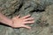 Dinosaur print fossil in Maragua Crater. Bolivia with hand