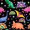Dinosaur, rainbows, flowers seamless pattern. Cute happy dino for kids design. Watercolor prehistory animals repeating