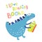 Dinosaur reading a book. Phrase I love to read books