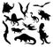 Dinosaur silhouettes set. Dino monsters icons. Shape of real animals. Sketch of prehistoric reptiles. Vector