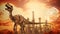 Dinosaur skeleton in a desert with industrial oil refineries in the background, under a dramatic sky, fossil fuels concept