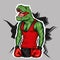 Dinosaur in sportswear and boxing gloves. Pumped up guy. Sportsman. Vector illustration for greeting card or poster.