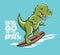 Dinosaur surfer cool summer t-shirt print. T-rex ride surfboard on big wave