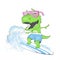 Dinosaur surfer ride the wave, on surfboard. Vector illustration.