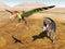 The dinosaur Tarbosaurus attacks the pterosaur Peteinosaurus