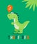 Dinosaur Tirannosaur Three Rex. Cartoon Tirex. Happy Birthday Card for a Child for Three Years. Vector Cute and Funny