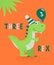 Dinosaur Tirannosaur Three Rex. Cartoon Tirex. Happy Birthday Card for a Child for Three Years. Vector Cute and Funny