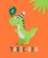 Dinosaur Tirannosaur Three Rex. Cartoon Tirex. Happy Birthday Card for a Child for Three Years. Vector Cute and Funny