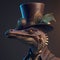 Dinosaur wearing a hat and dressed in a steampunk outfit