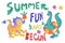 Dinosaurs on the beach or swimming pool with summer slogan  illustration