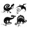 Dinosaurs black silhouette on white. Tyrannosaurus, pterodactyl, stegosaurus and apatosaurus. Tattoo style.