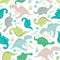 Dinosaurs in a clearing. Seamless dinosaur pattern in pastel colors. For registration of children`s clothing, fabrics, postcards,