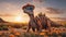 dinosaurs in the desert A humorous scene with a sauropod dinosaur wearing a hat and sunglasses.