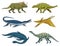 Dinosaurs Elasmosaurus, Mosasaurus, Barosaurus, Diplodocus, Pterosaur, Ankylosaurus, Velociraptor, fossils, winged