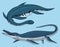 Dinosaurs Elasmosaurus, Mosasaurus, skeletons, fossils, winged lizard. American Prehistoric reptiles, Jurassic Animal