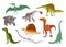 Dinosaurs flat icon collection. Colored isolated prehistoric reptile monsters on white background. Vector cartoon dino