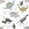 Dinosaurs kids seamless pattern. Cute funny brachiosaur, triceratops, neovenator, styracosaur, spinosaur.