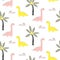 Dinosaurs and palms cute baby seamless vector pattern.