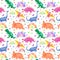 Dinosaurs seamless pattern. Chidish design with cute dino, flowers, rainbows. Watercolor naive simple style for kids